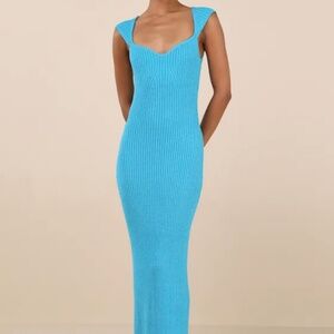 Lulus Chiara Turquoise Ribbed Knit Cap Sleeve Midi Dress
